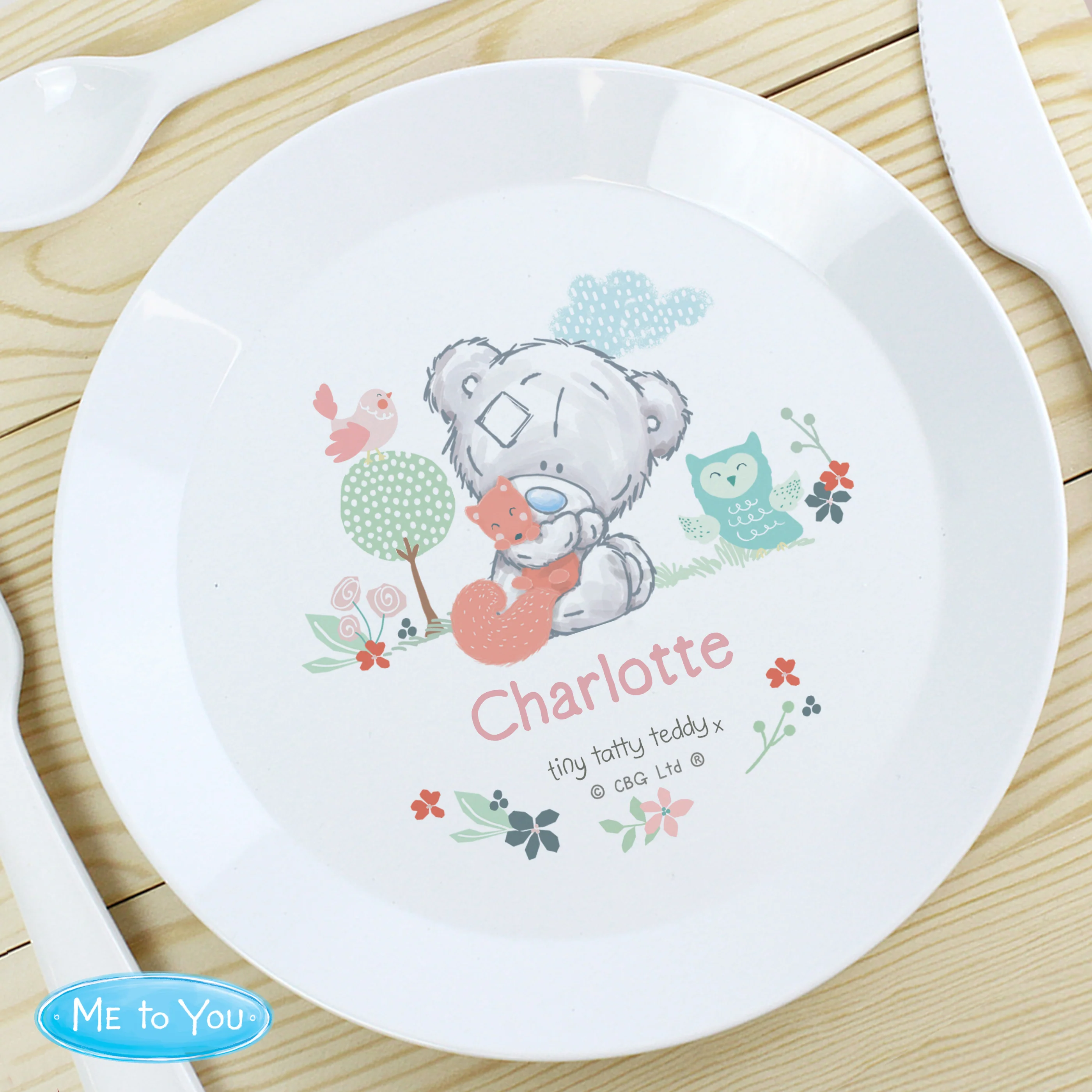 Personalised Tiny Tatty Teddy Woodland Animal Plastic Plate - Image 3