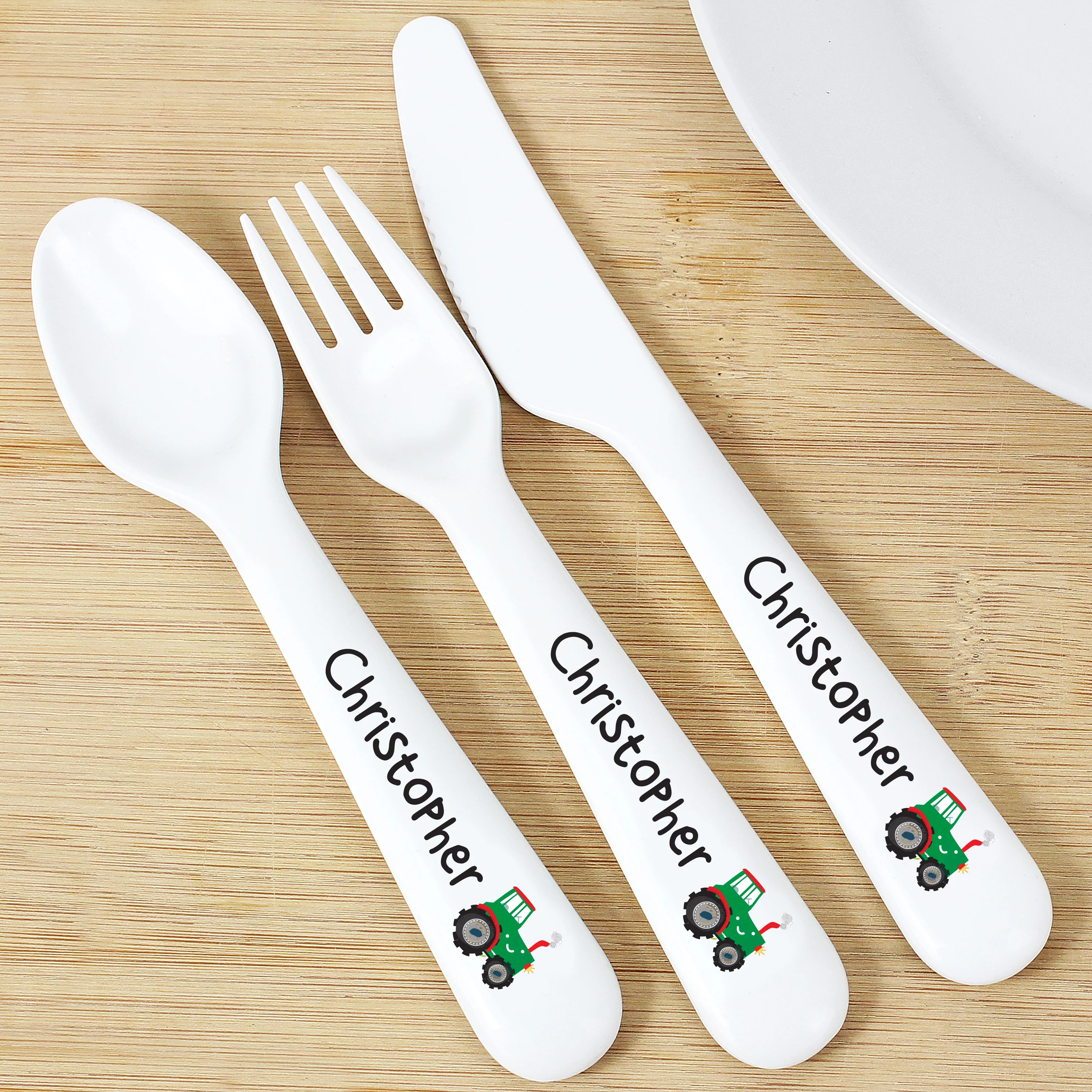 Personalised Tractor 3 Piece Plastic Cutlery Set - Image 4