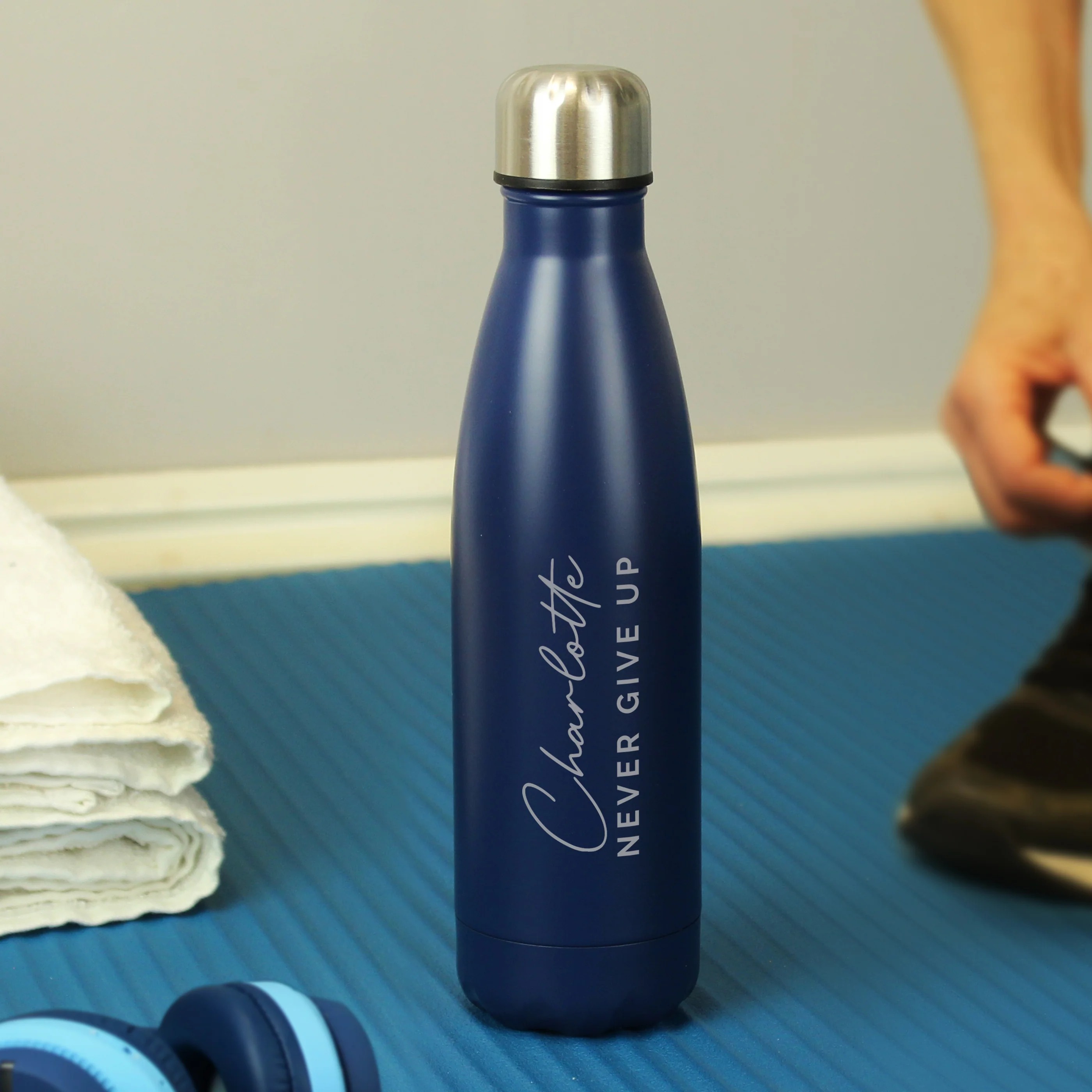 Personalised Two Lines Navy Metal Insulated Drinks Bottle - Image 4