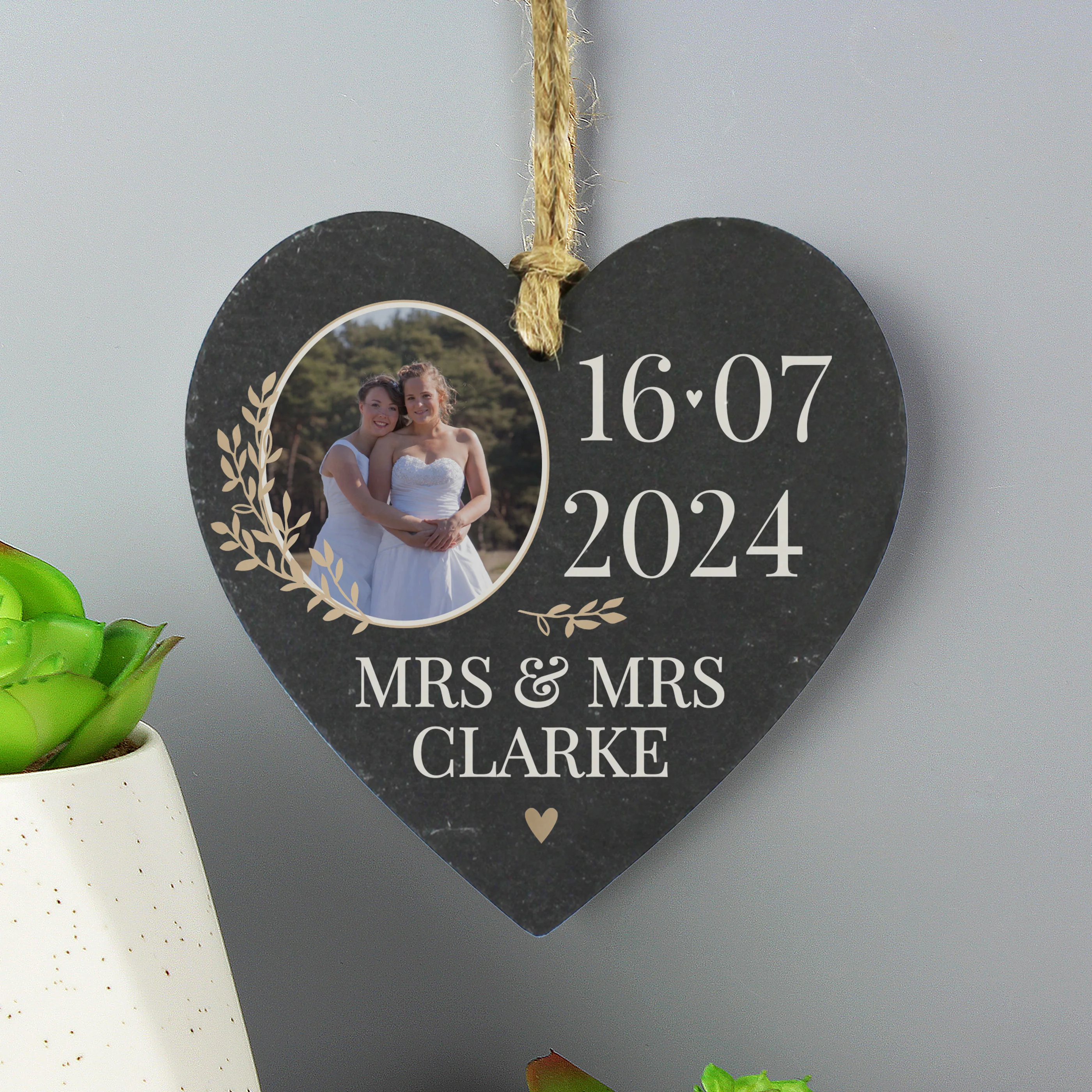 Personalised Wedding Photo Upload Slate Heart Decoration - Image 3