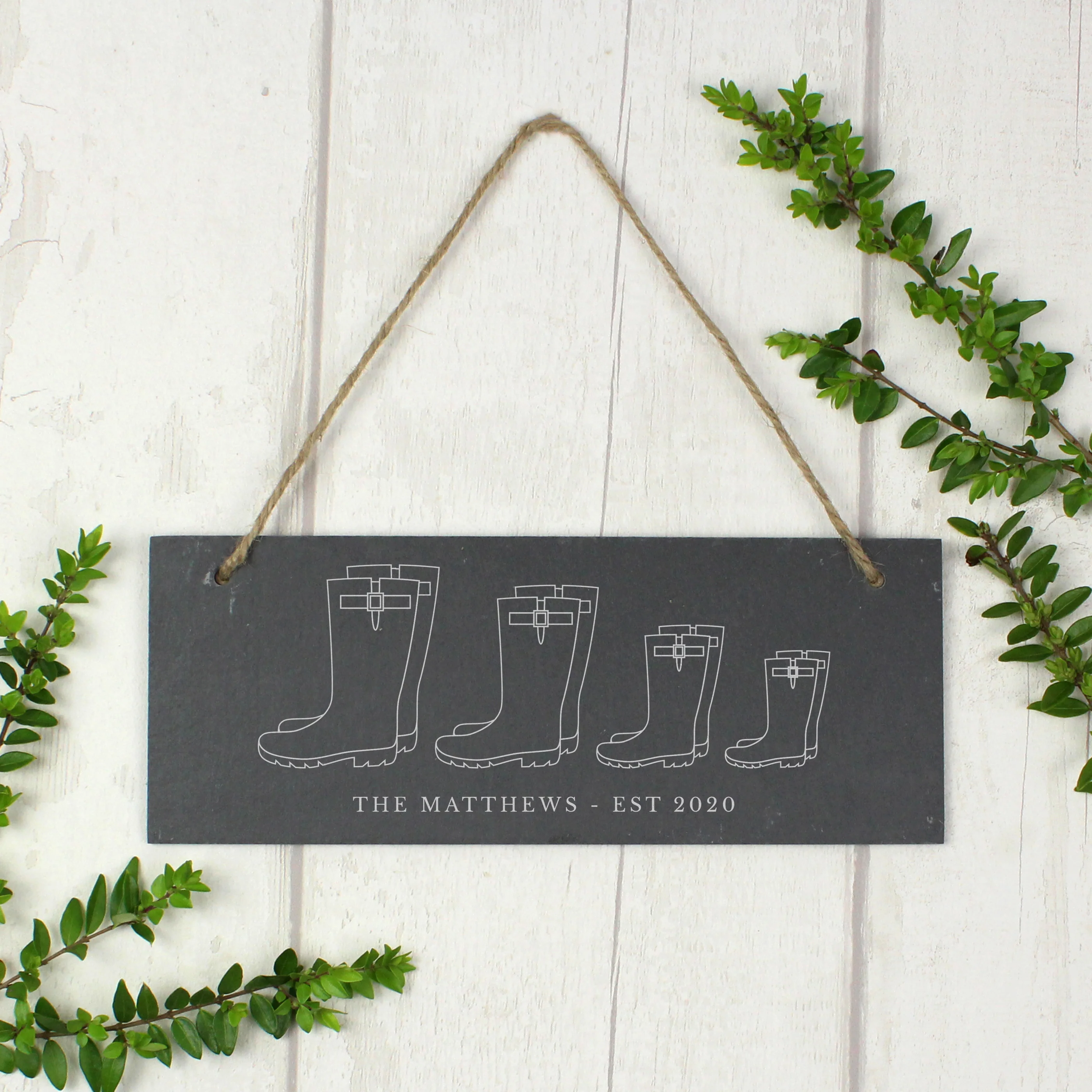 Personalised Welly Boot Family of Four Hanging Slate Plaque - Image 3