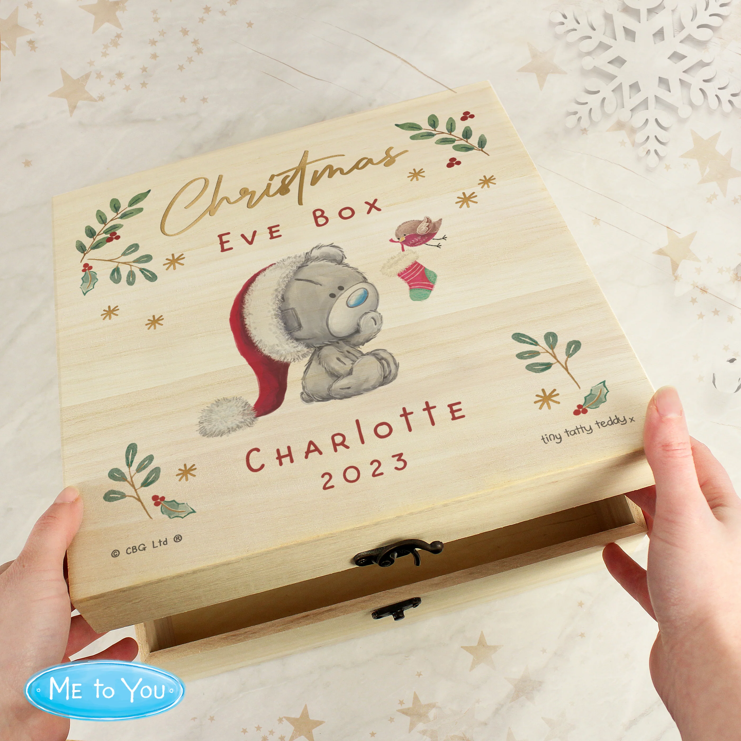 Personalised Winter Christmas Eve Tiny Tatty Teddy Large Wooden Keepsake Box - Image 3