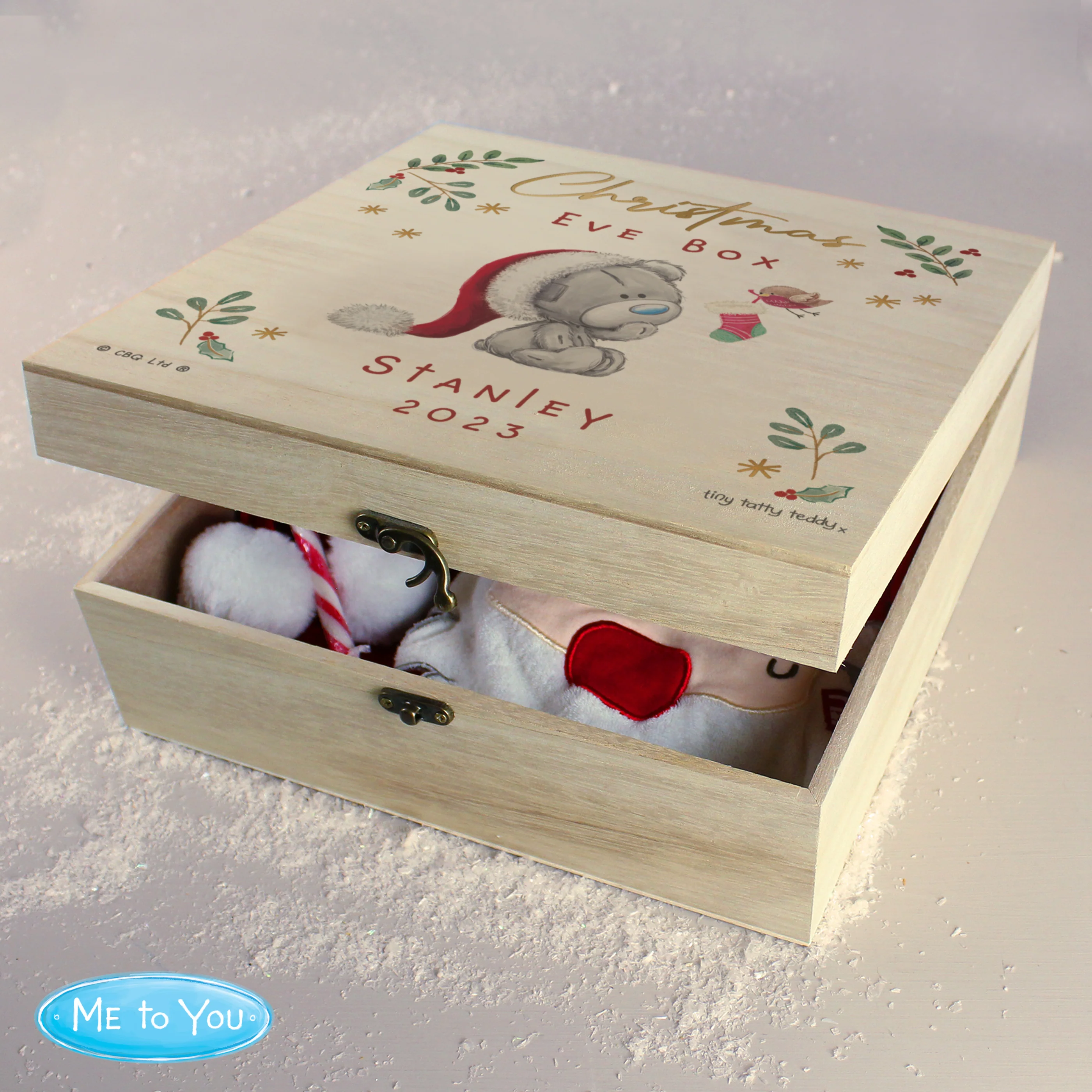 Personalised Winter Christmas Eve Tiny Tatty Teddy Large Wooden Keepsake Box - Image 4