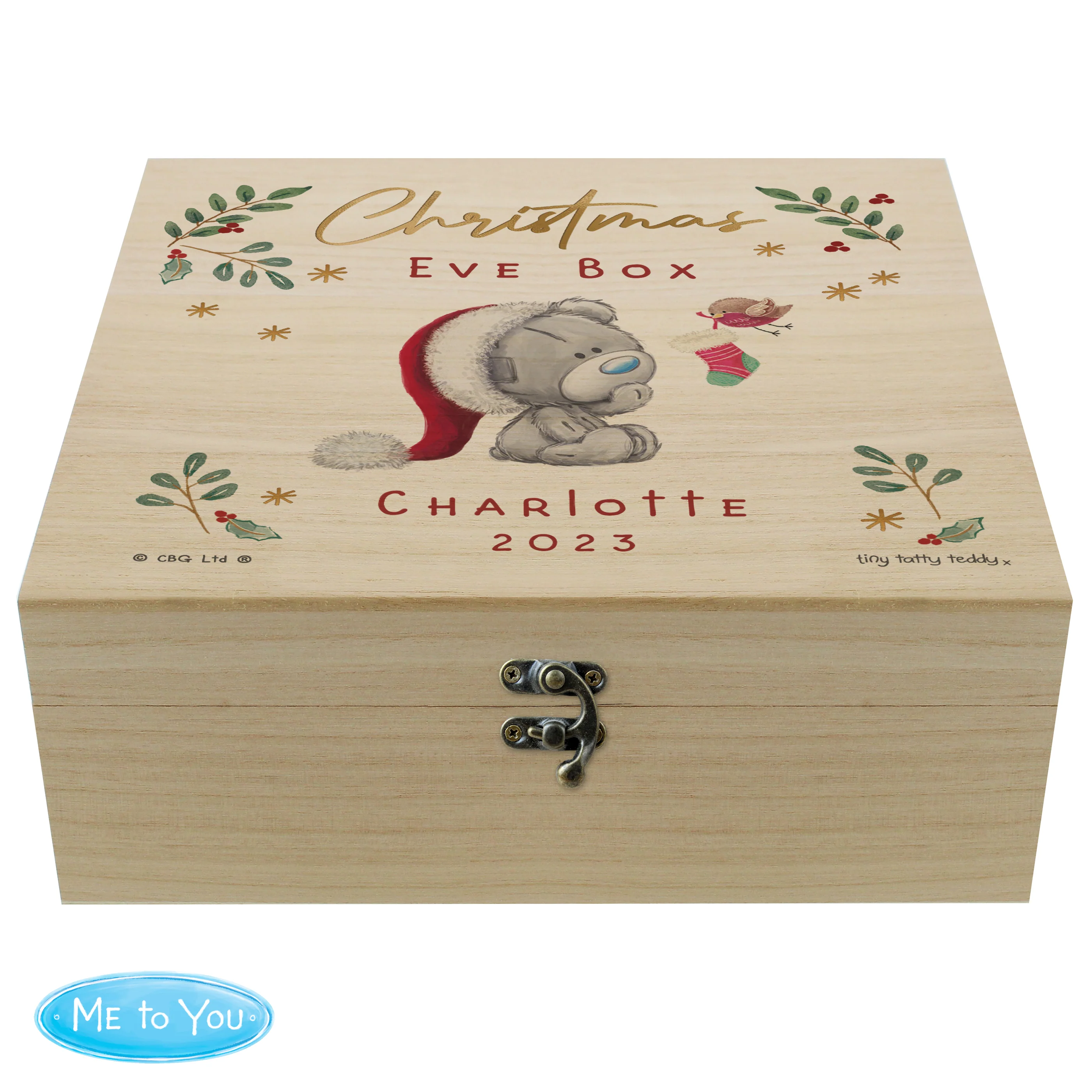 Personalised Winter Christmas Eve Tiny Tatty Teddy Large Wooden Keepsake Box - Image 5