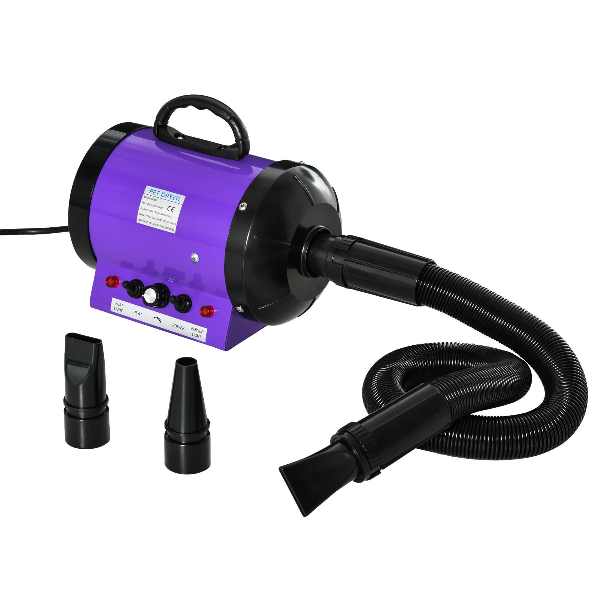PawHut 2800W Dog Hair Dryer Pet Grooming Blaster Blower Dryer 3 Nozzles, Purple