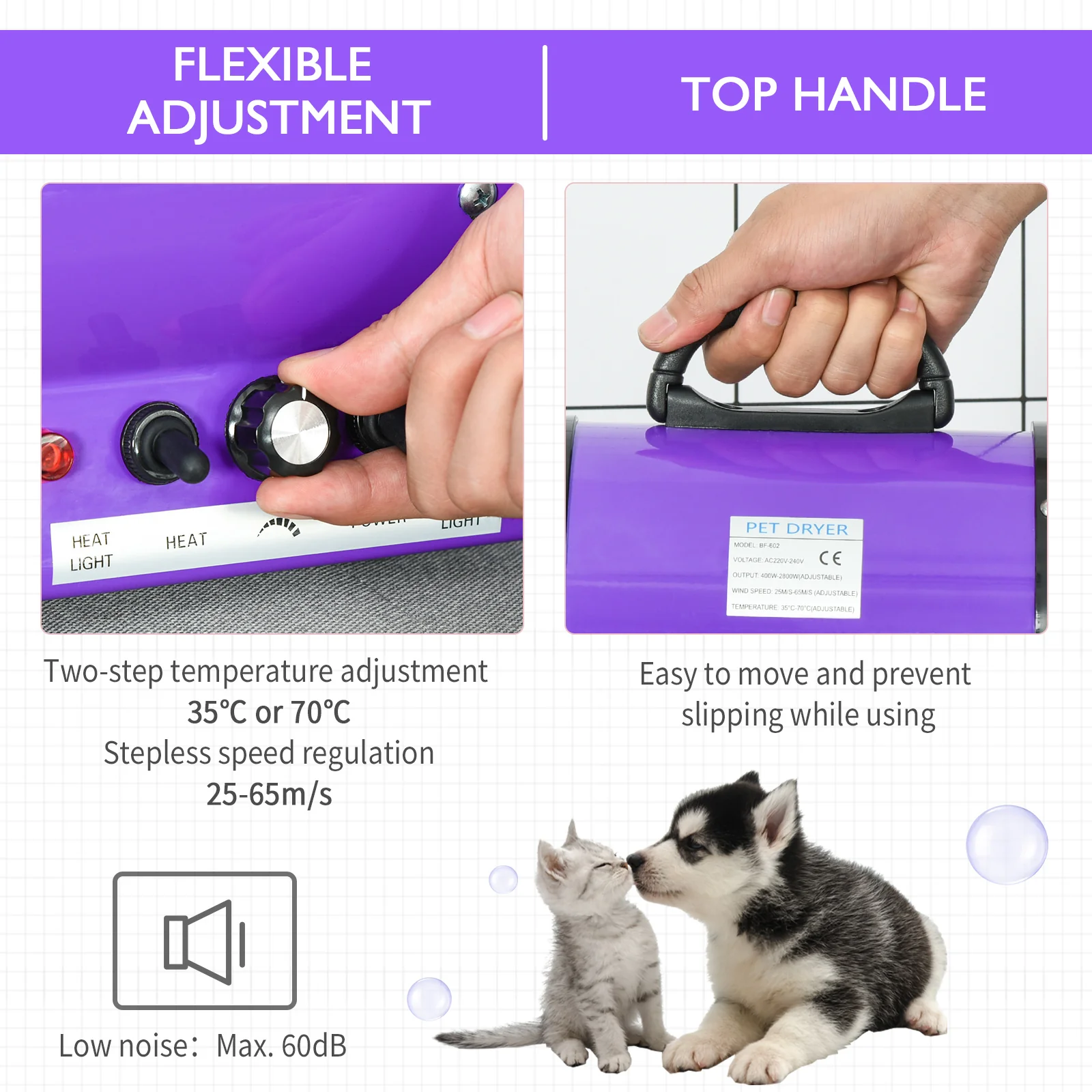 PawHut 2800W Dog Hair Dryer Pet Grooming Blaster Blower Dryer 3 Nozzles, Purple - Image 3
