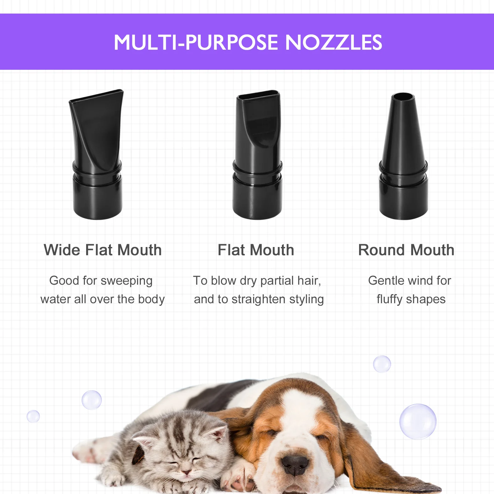 PawHut 2800W Dog Hair Dryer Pet Grooming Blaster Blower Dryer 3 Nozzles, Purple - Image 4