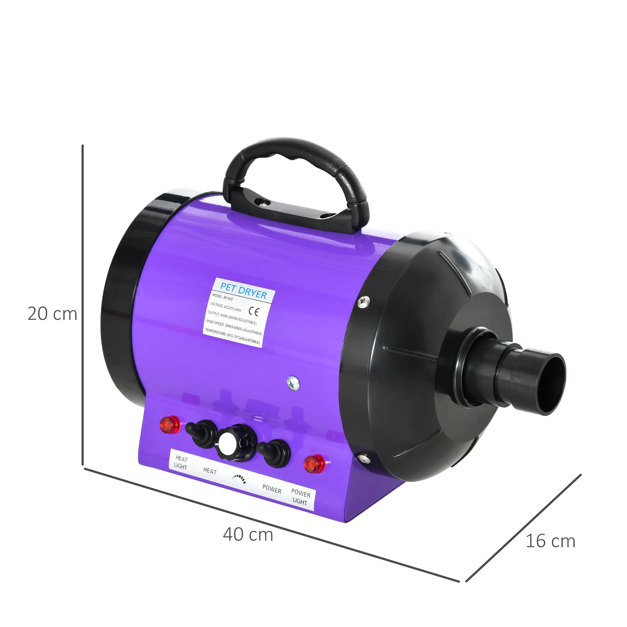 PawHut 2800W Dog Hair Dryer Pet Grooming Blaster Blower Dryer 3 Nozzles, Purple - Image 5