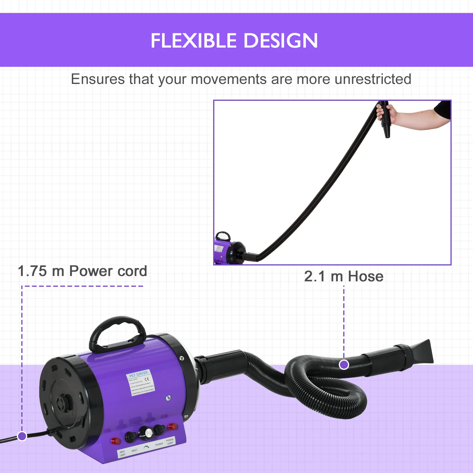 PawHut 2800W Dog Hair Dryer Pet Grooming Blaster Blower Dryer 3 Nozzles, Purple - Image 7