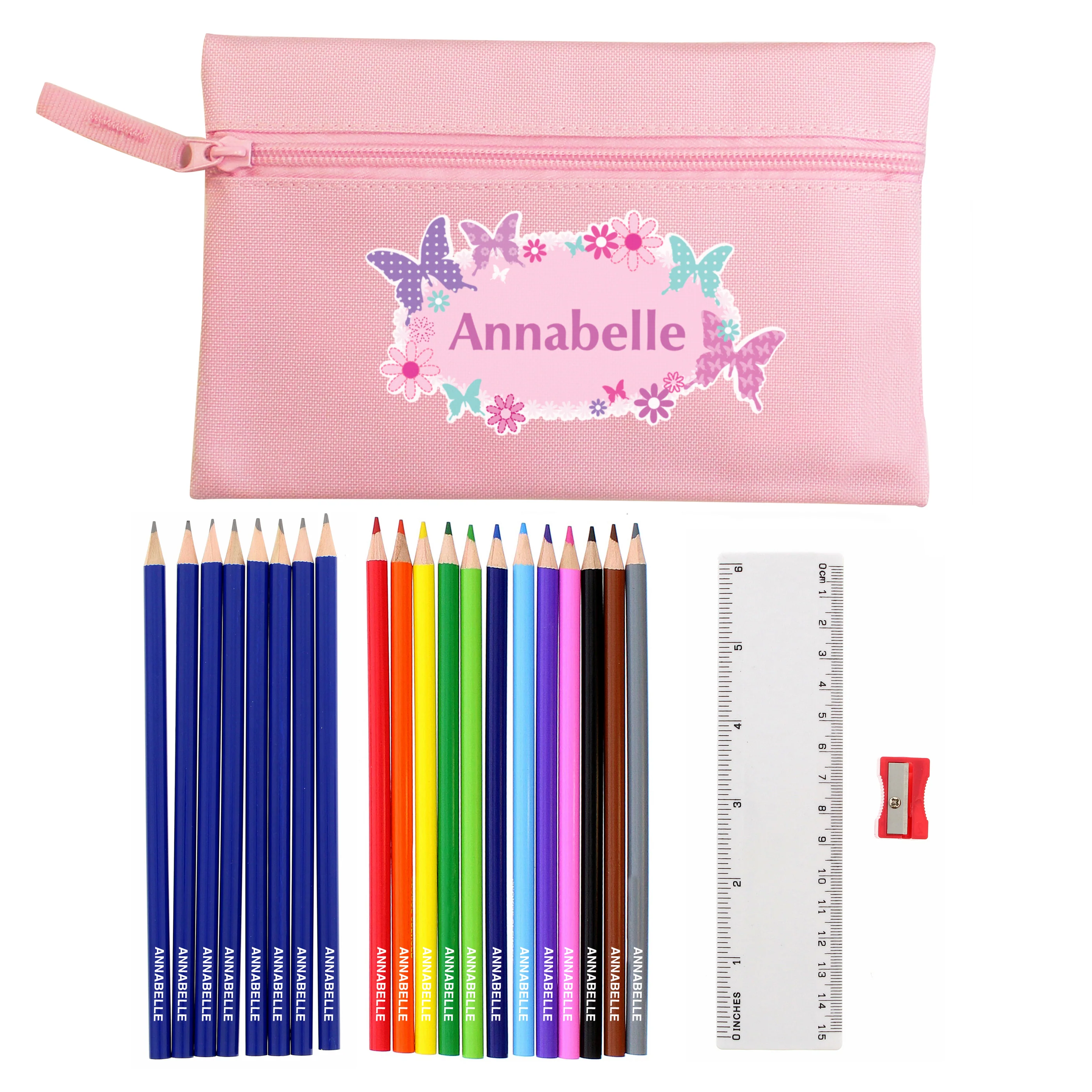 Pink Butterfly Pencil Case with Personalised Pencils & Crayons - Image 4