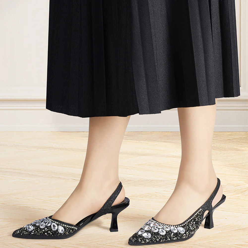 Pointed Closed Toe Slingback Heels - Black