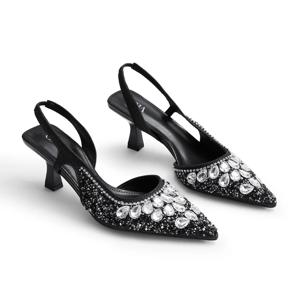 Pointed Closed Toe Slingback Heels - Black - Image 3