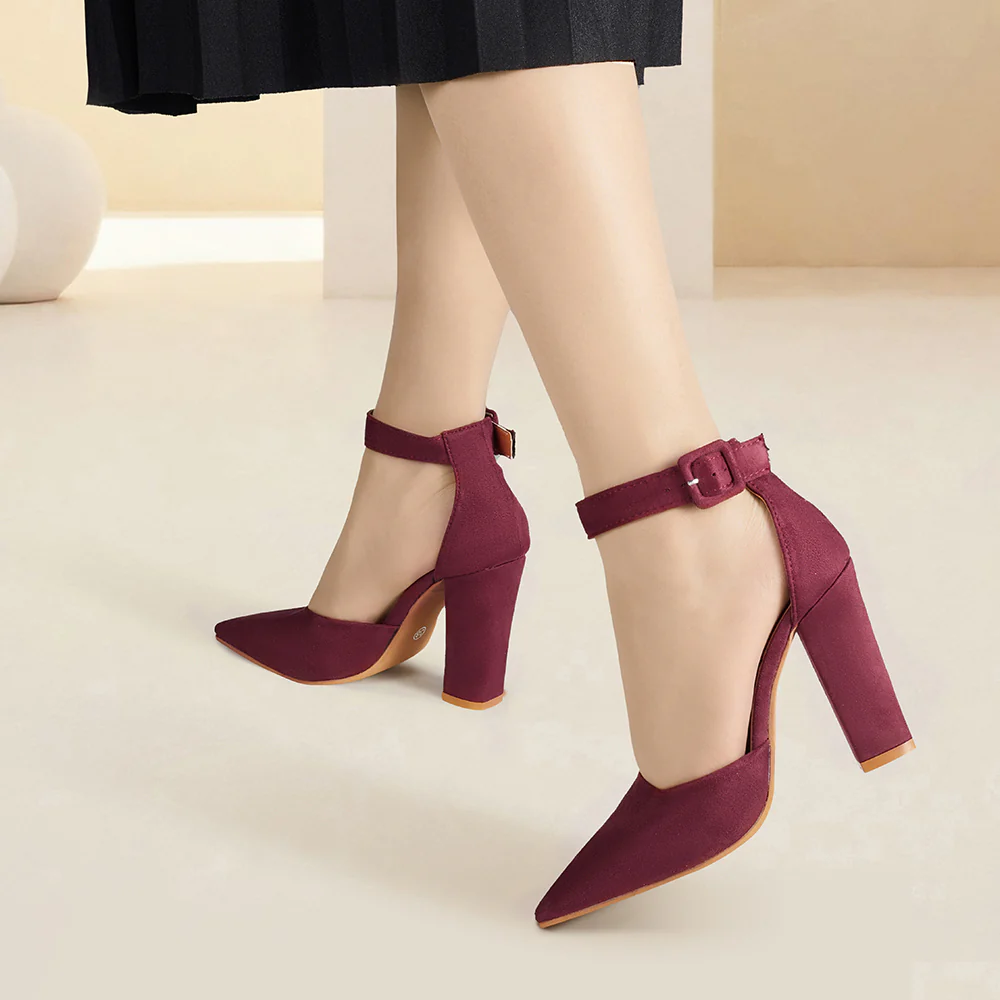 Pointed Toe High Block Heel Close Toe Shoes - Red - Image 2
