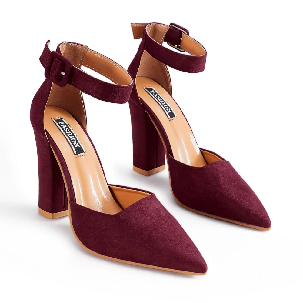 Pointed Toe High Block Heel Close Toe Shoes - Red - Image 3