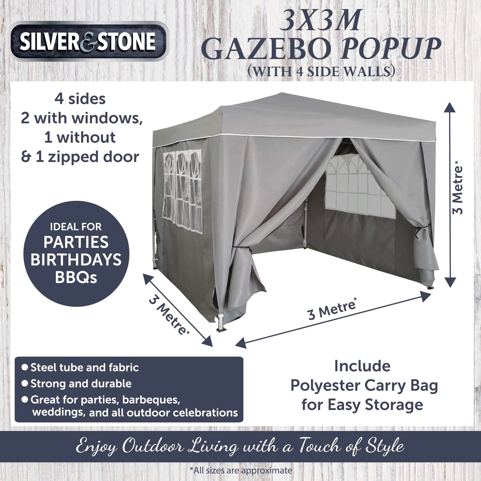 Silver & Stone Outdoor Pop Up Garden Gazebo 3x3m - Grey - Image 3