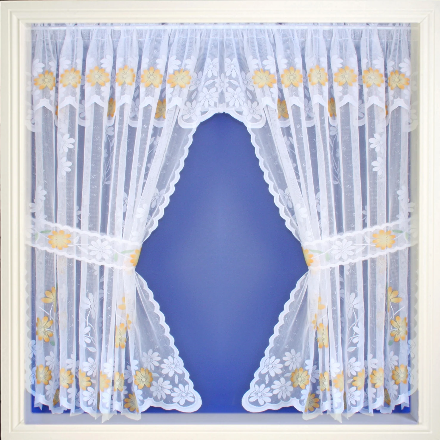 Primrose Marigold Yellow Floral Lace Window Set Spray Colour Rod Pocket Window Set With Attached Valance And 2 Matching Tie Backs