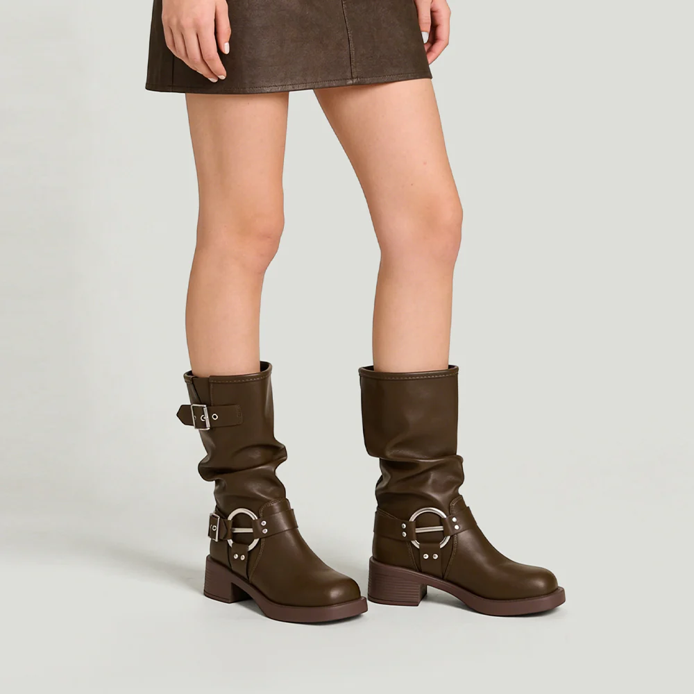 PU Leather Fashionable Western-Style Mid-Calf Boots