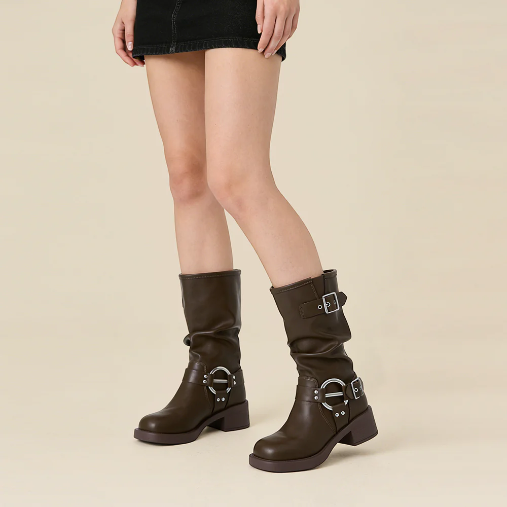 PU Leather Fashionable Western-Style Mid-Calf Boots - Image 2