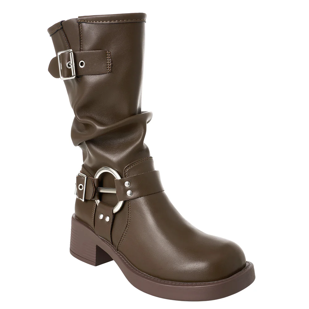 PU Leather Fashionable Western-Style Mid-Calf Boots - Image 5
