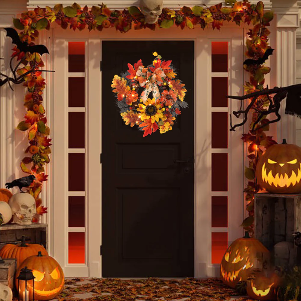 Pumpkin Bell Harvest Wreath with Warm Lights - Image 2