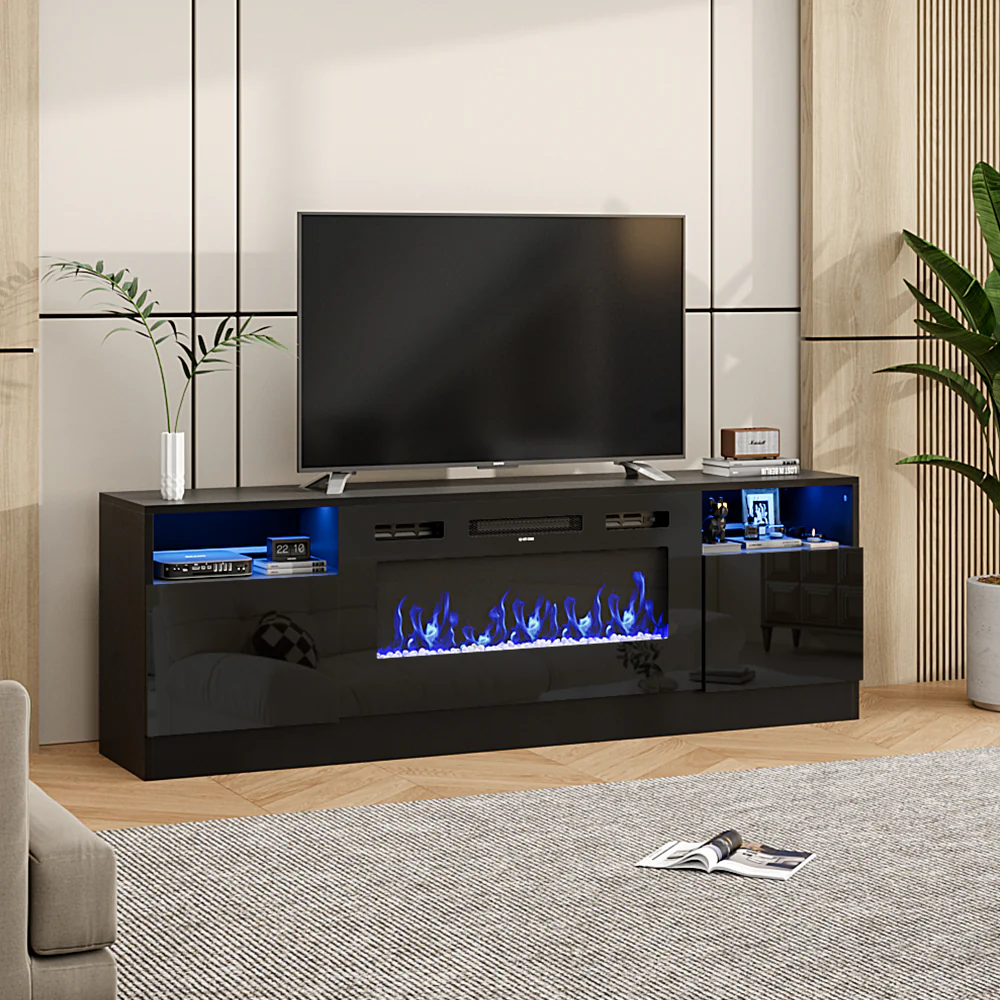 Recessed Electric Fireplace TV Stand With Closed Storage