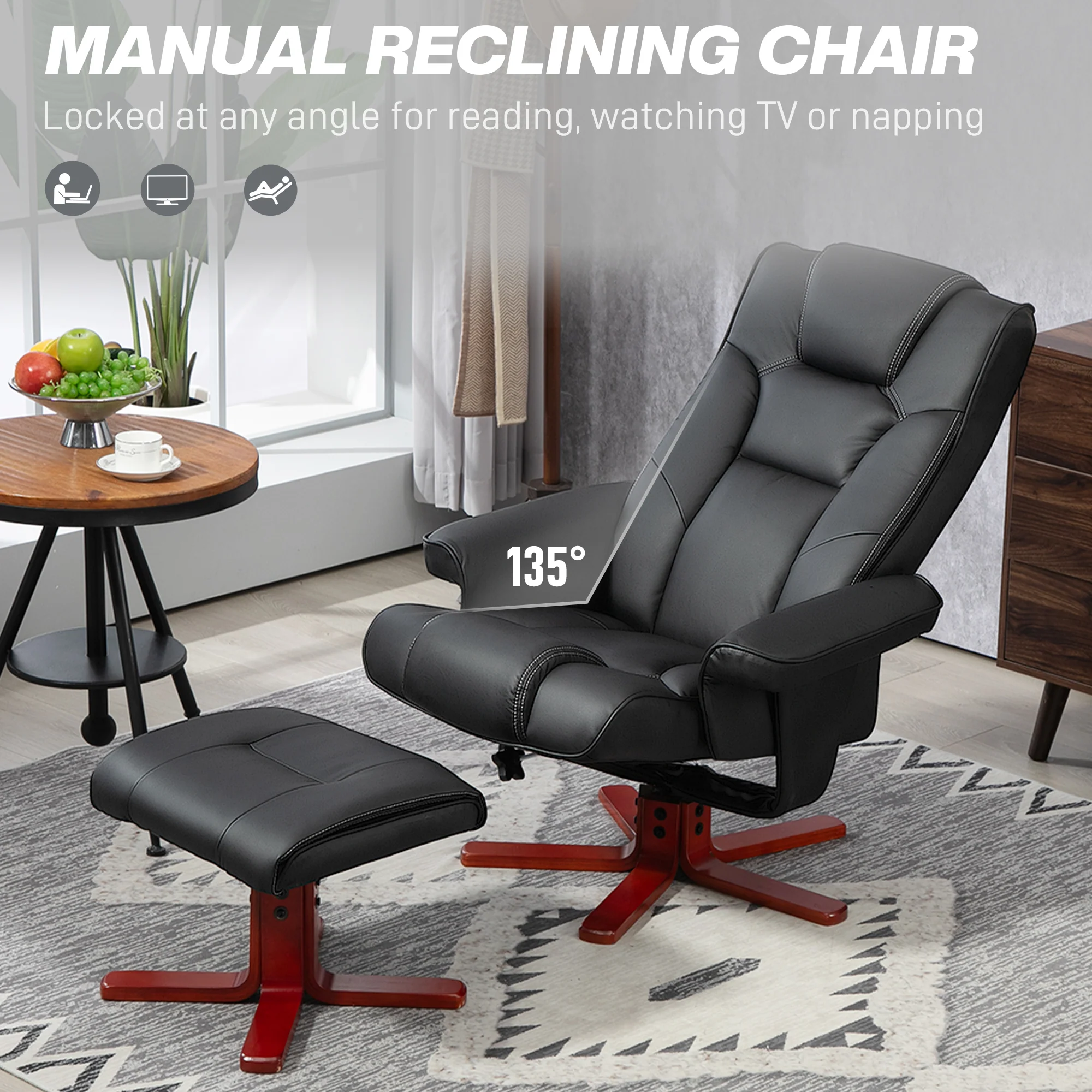 Recliner Chair With Footstool And Adjustable Backrest PU Armchair - Black, Brown, Grey - Image 12