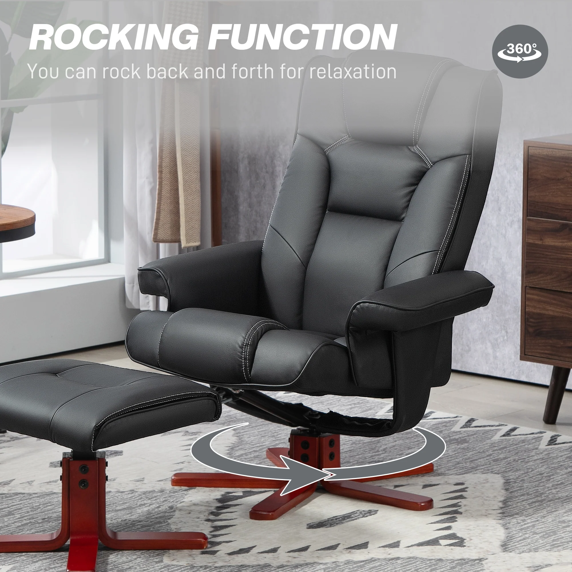 Recliner Chair With Footstool And Adjustable Backrest PU Armchair - Black, Brown, Grey - Image 13