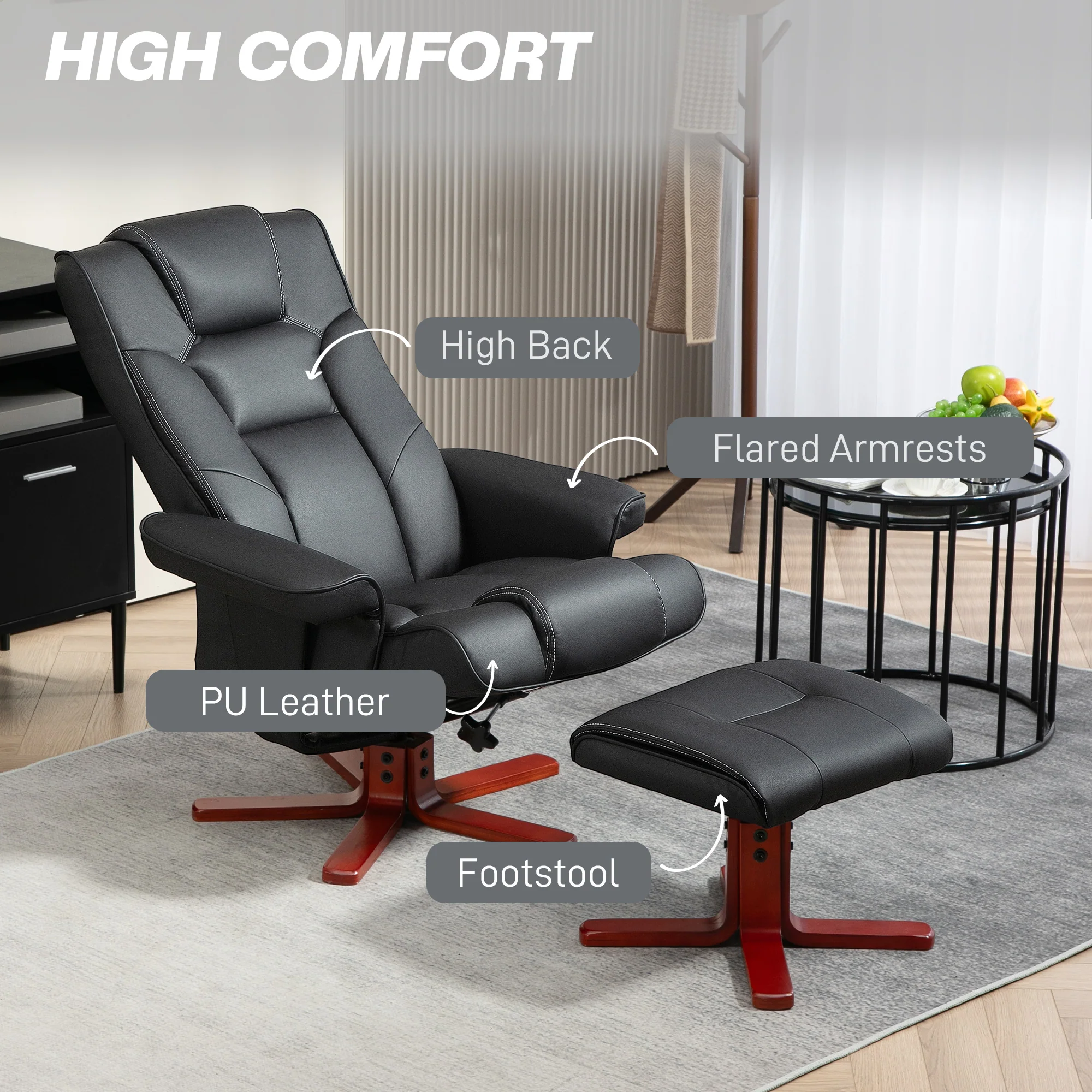 Recliner Chair With Footstool And Adjustable Backrest PU Armchair - Black, Brown, Grey - Image 15