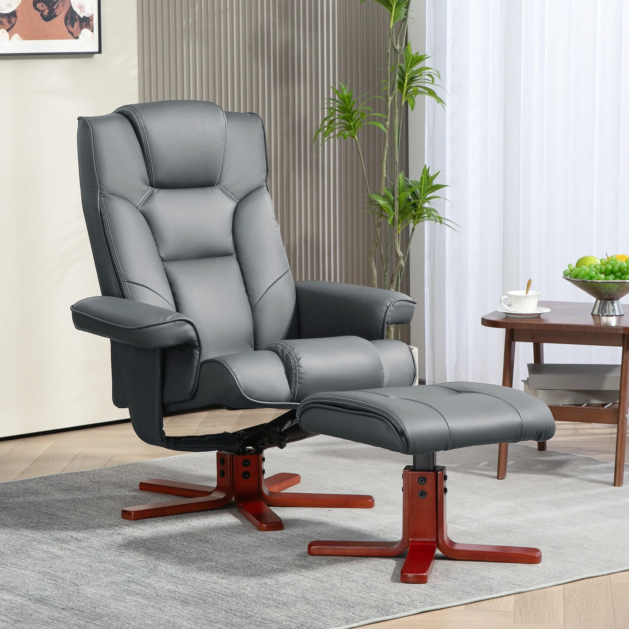 Recliner Chair With Footstool And Adjustable Backrest PU Armchair - Black, Brown, Grey - Image 2