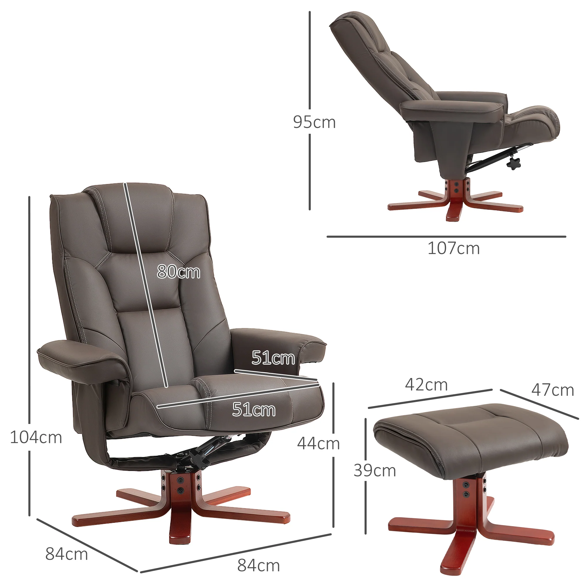 Recliner Chair With Footstool And Adjustable Backrest PU Armchair - Black, Brown, Grey - Image 22