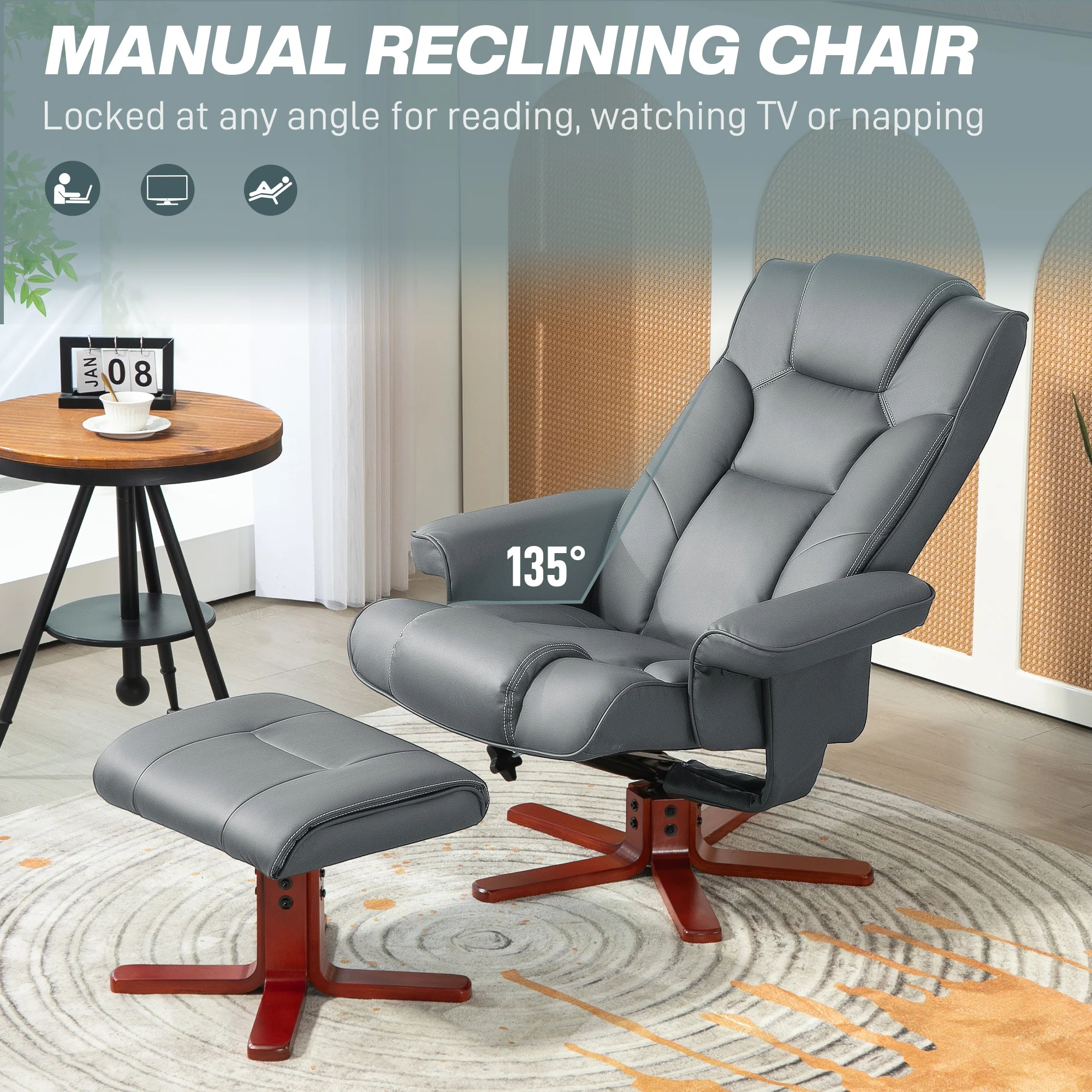 Recliner Chair With Footstool And Adjustable Backrest PU Armchair - Black, Brown, Grey - Image 3