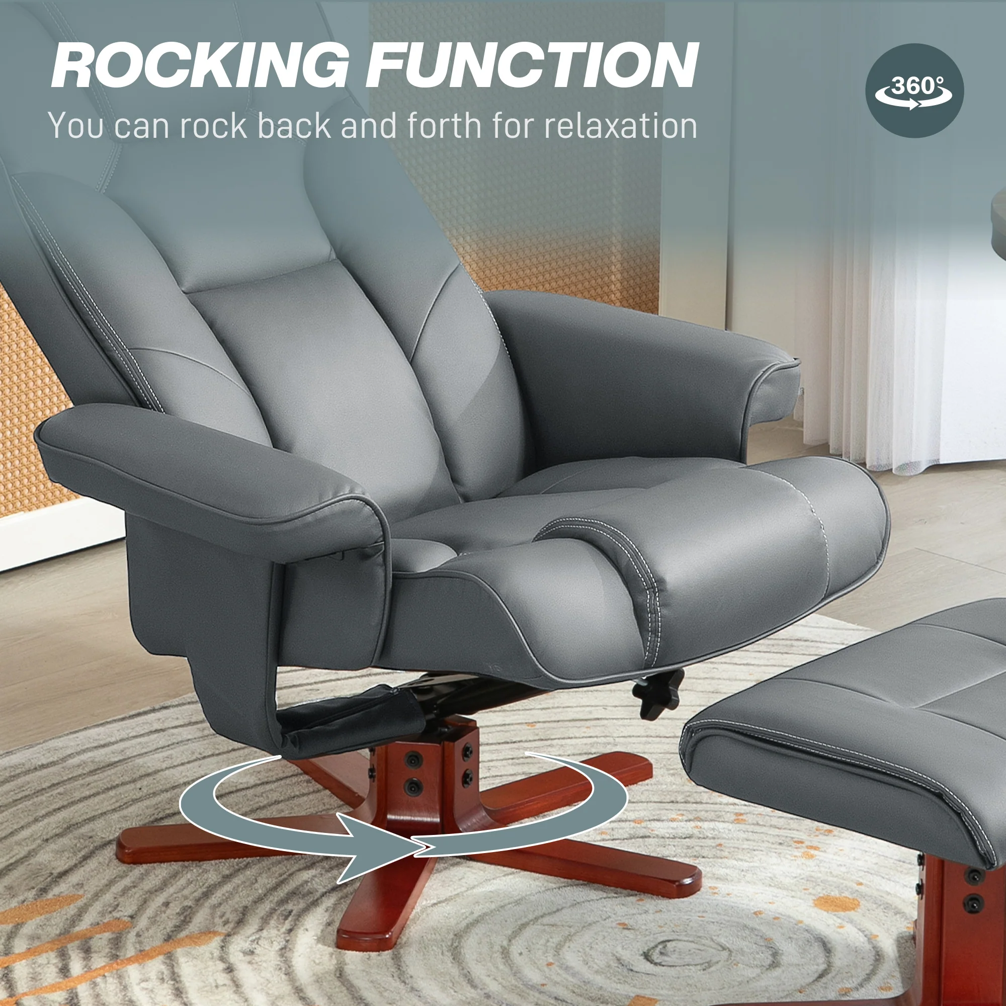 Recliner Chair With Footstool And Adjustable Backrest PU Armchair - Black, Brown, Grey - Image 4