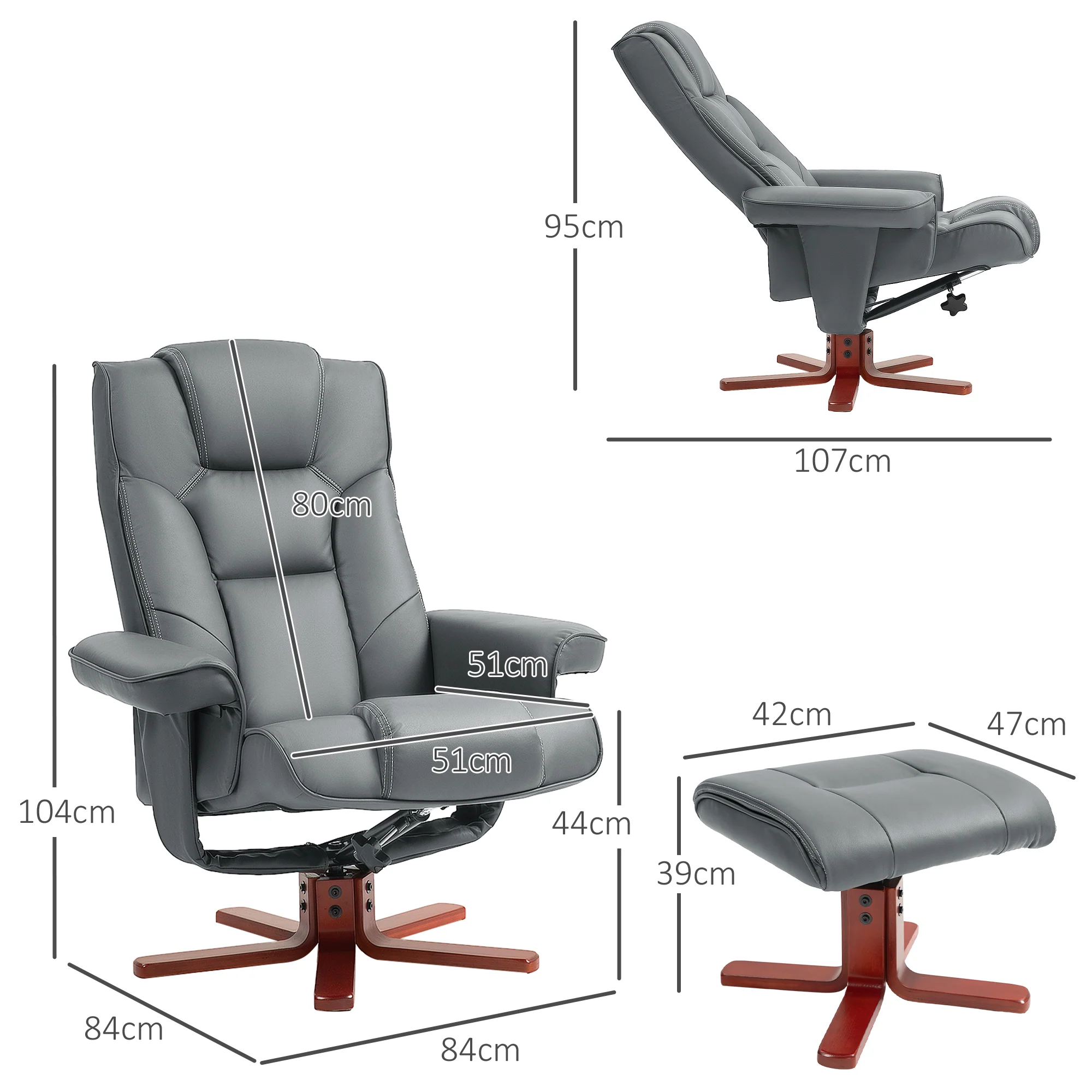 Recliner Chair With Footstool And Adjustable Backrest PU Armchair - Black, Brown, Grey - Image 5
