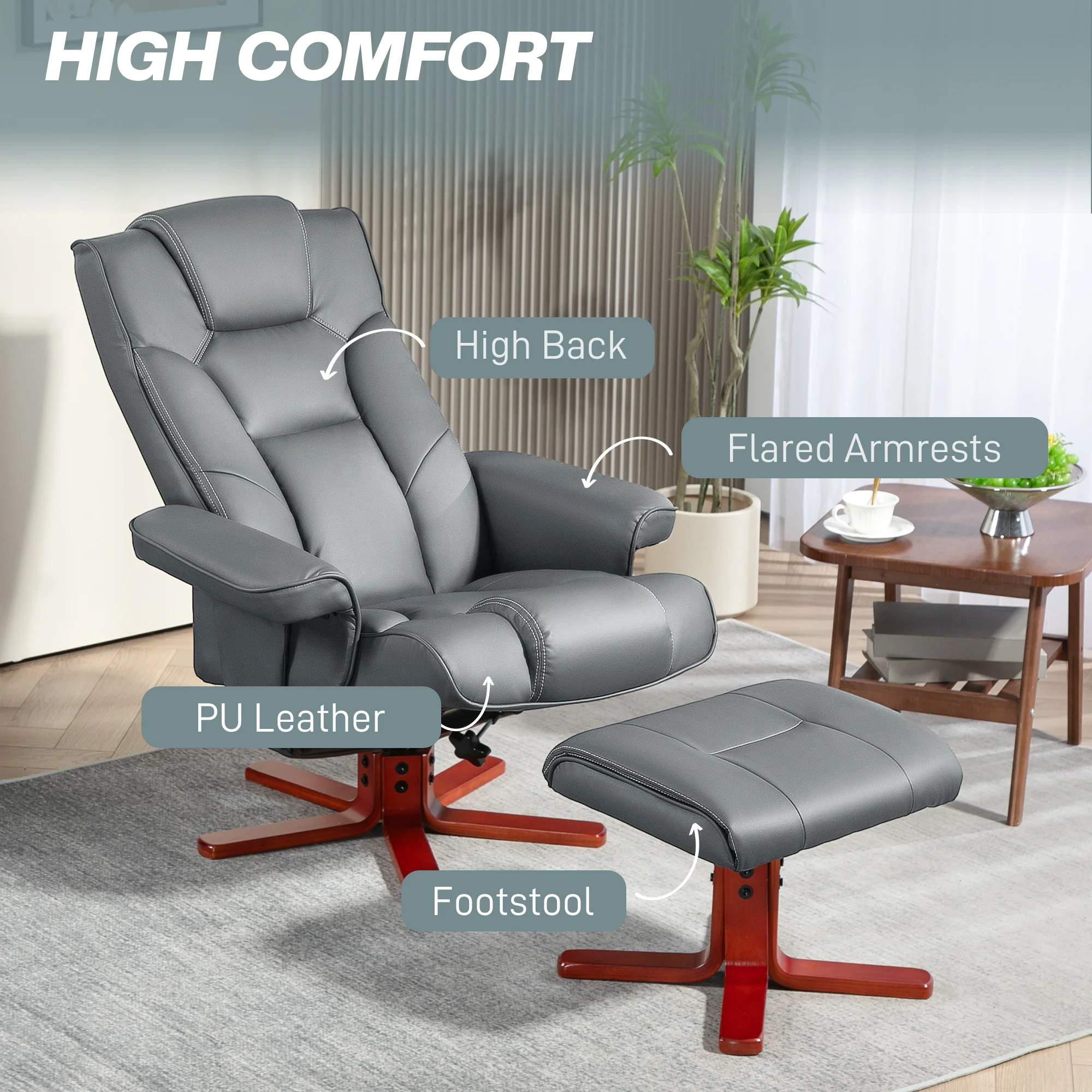 Recliner Chair With Footstool And Adjustable Backrest PU Armchair - Black, Brown, Grey - Image 6