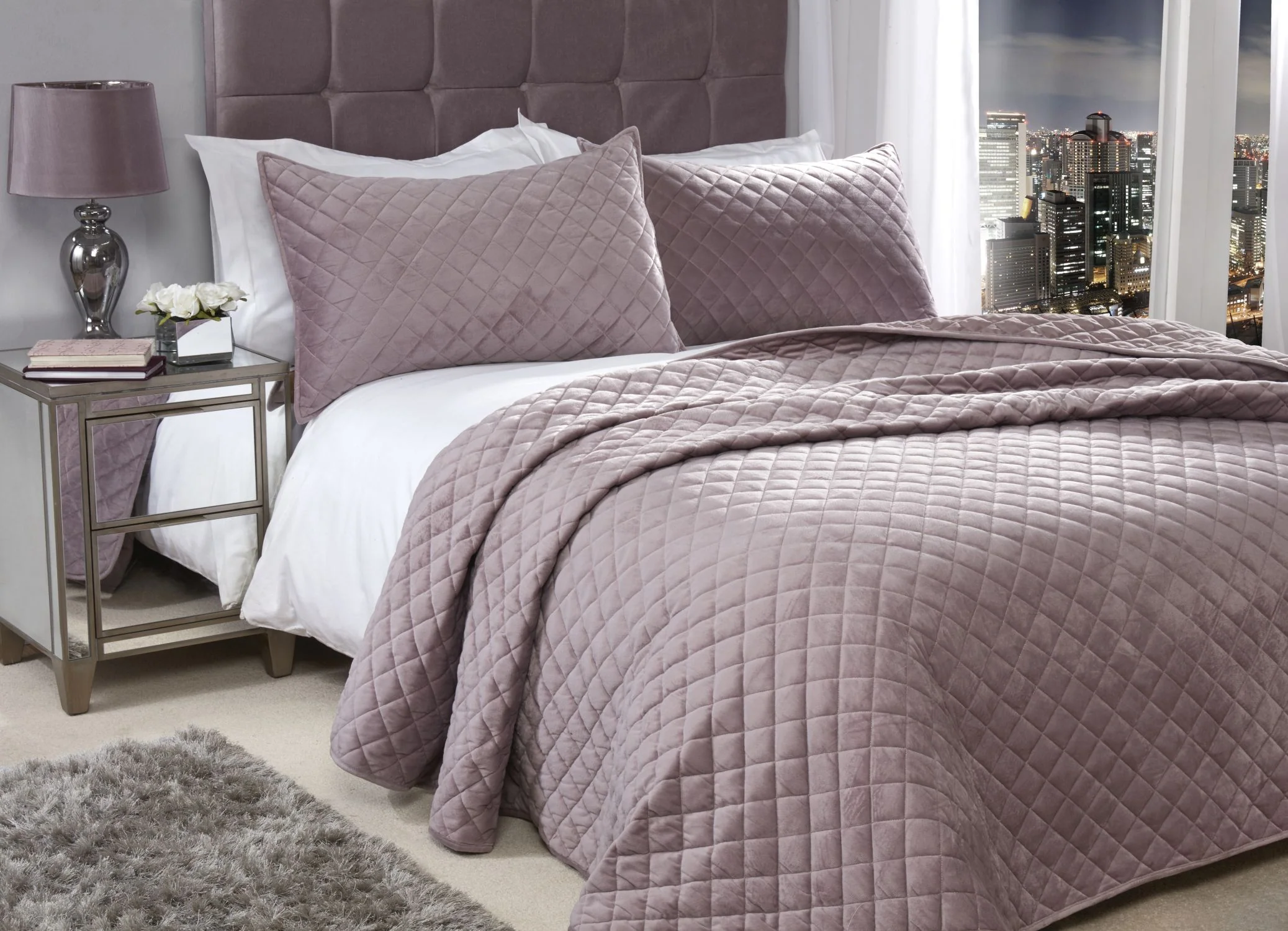 Regent Quilted Soft Touch Velvet Bedspread Set in Heather - Image 5