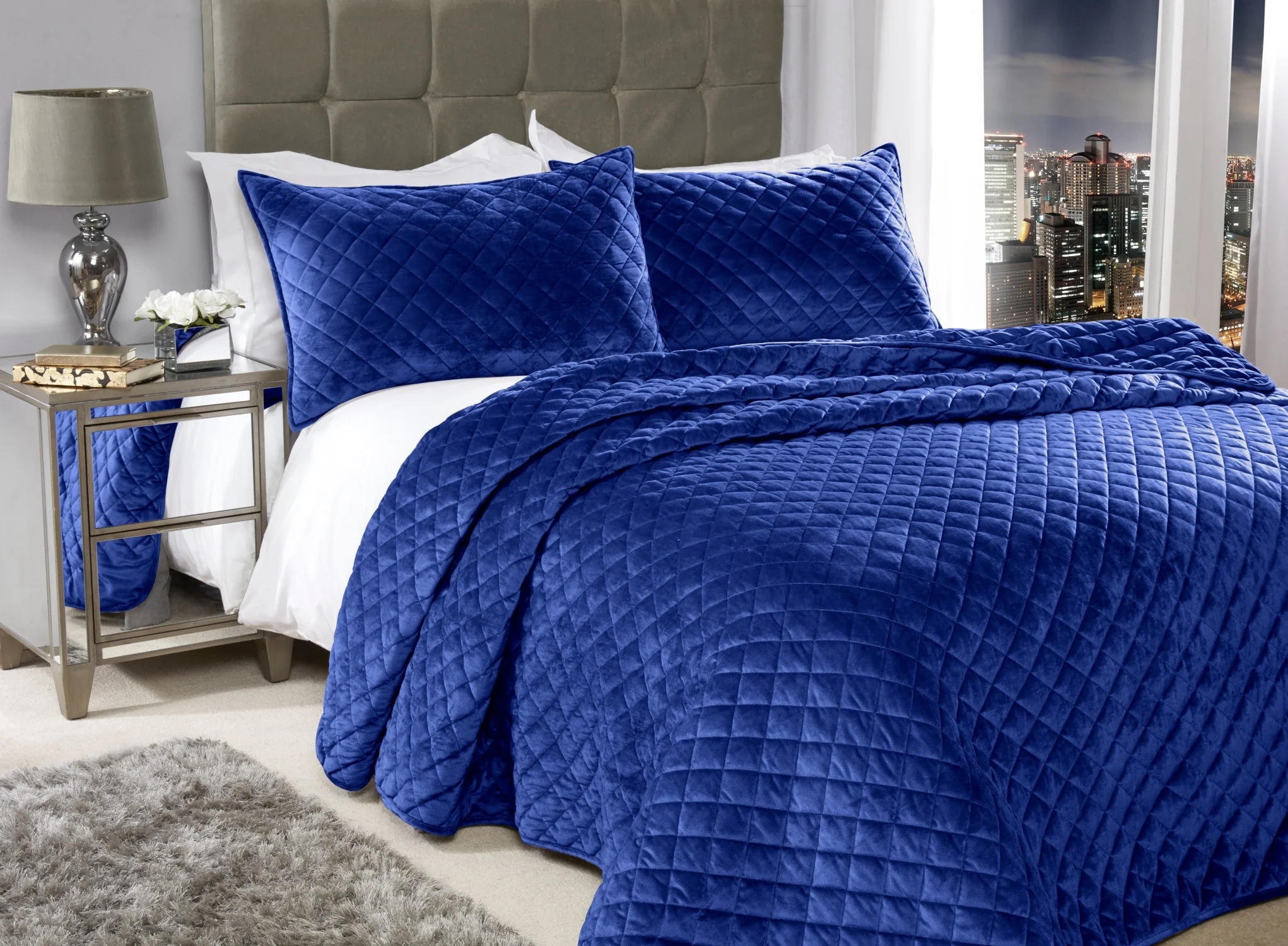 Regent Quilted Soft Touch Velvet Bedspread Set in Navy