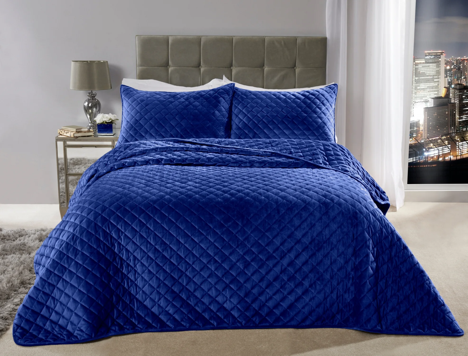 Regent Quilted Soft Touch Velvet Bedspread Set in Navy - Image 2