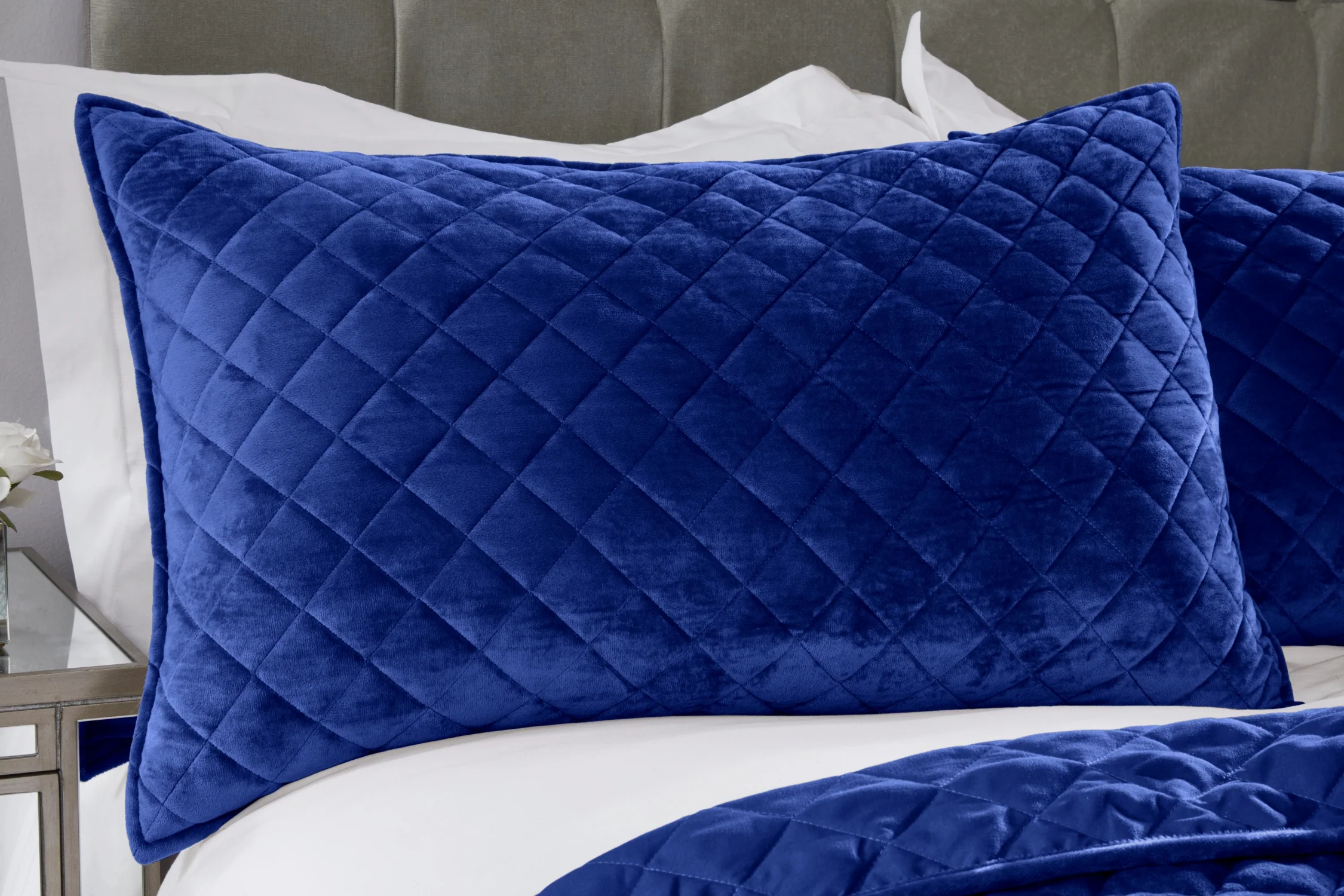 Regent Quilted Soft Touch Velvet Bedspread Set in Navy - Image 3