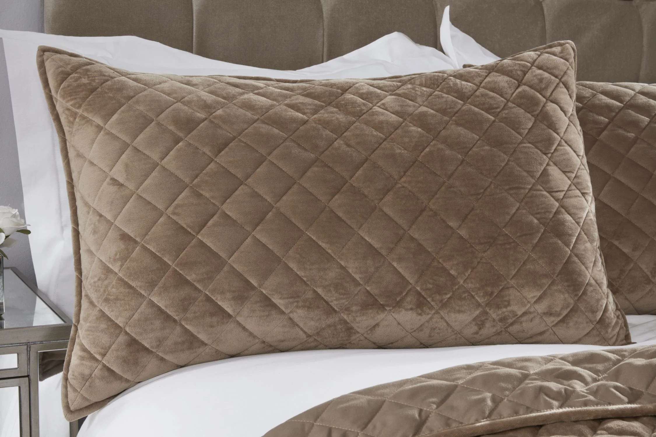 Regent Quilted Soft Touch Velvet Bedspread Set in Taupe - Image 2