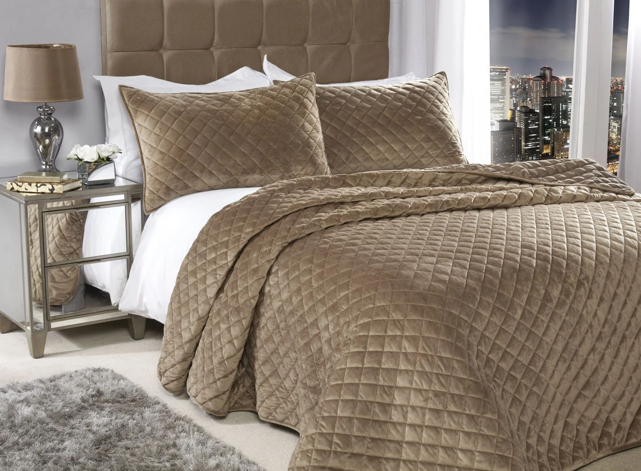 Regent Quilted Soft Touch Velvet Bedspread Set in Taupe - Image 5