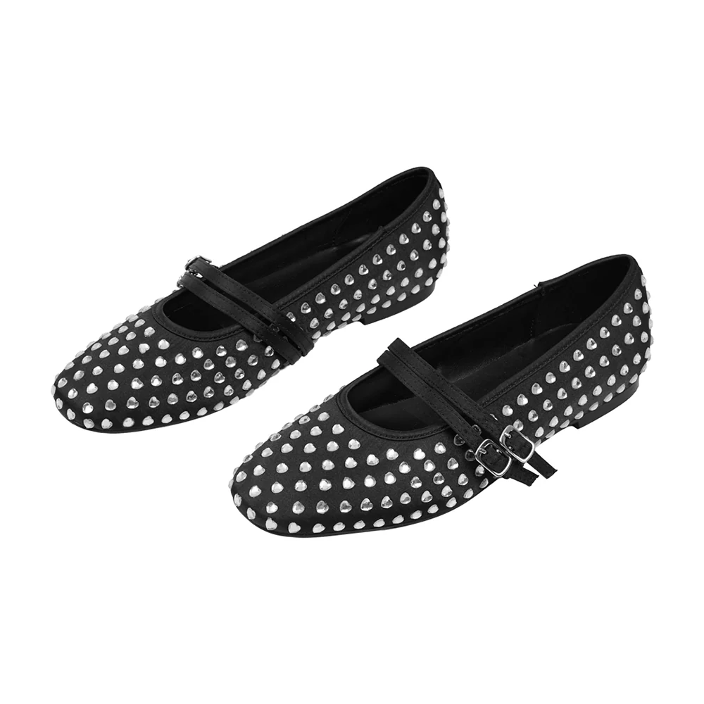Rhinestones Double Strap Mary Jane Ballet Flat Shoes - Black - Image 3