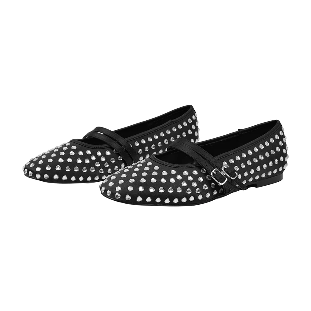 Rhinestones Double Strap Mary Jane Ballet Flat Shoes - Black - Image 4