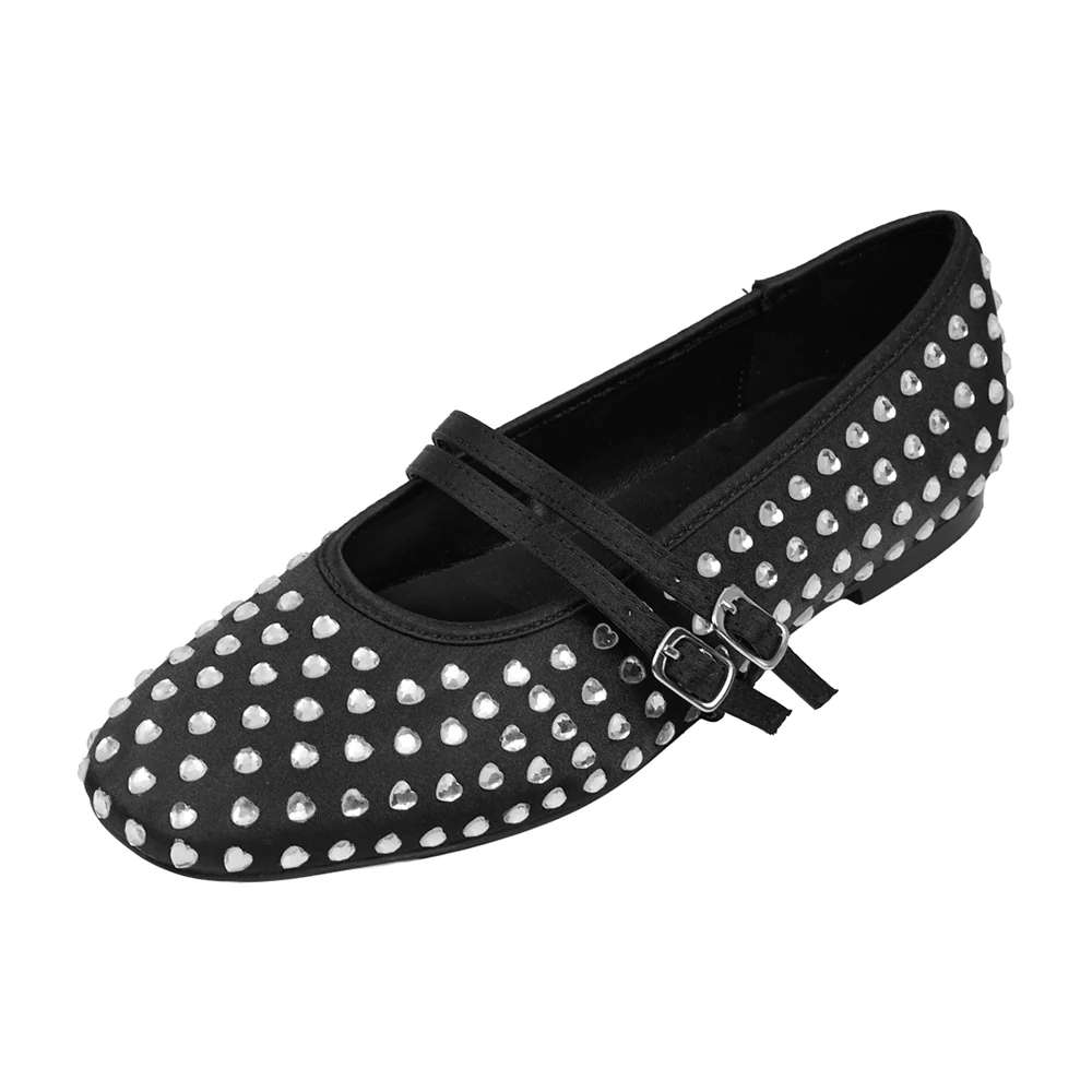Rhinestones Double Strap Mary Jane Ballet Flat Shoes - Black - Image 5