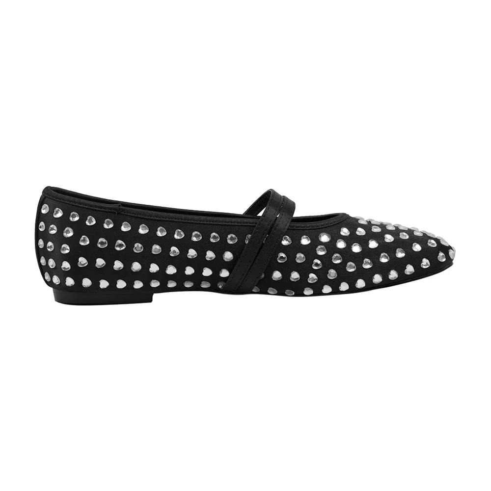 Rhinestones Double Strap Mary Jane Ballet Flat Shoes - Black - Image 6