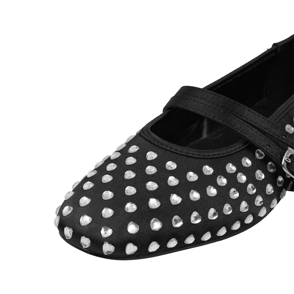 Rhinestones Double Strap Mary Jane Ballet Flat Shoes - Black - Image 7