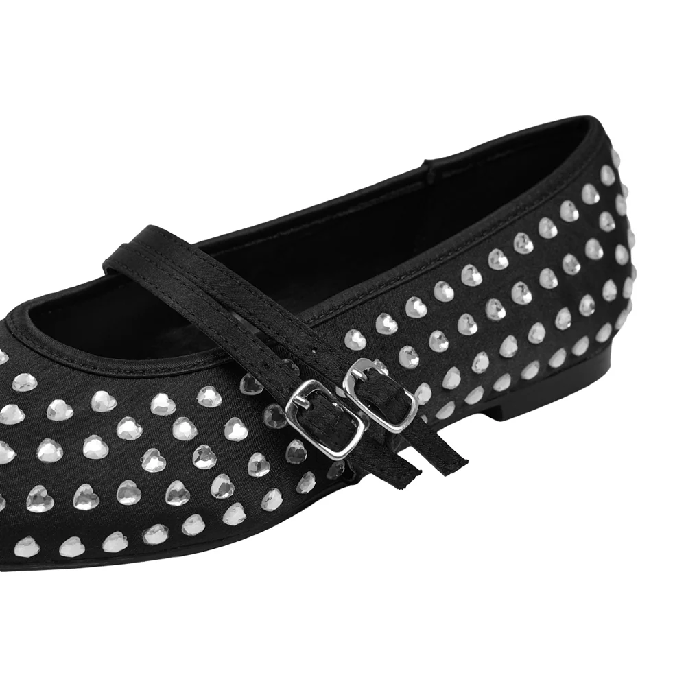 Rhinestones Double Strap Mary Jane Ballet Flat Shoes - Black - Image 8