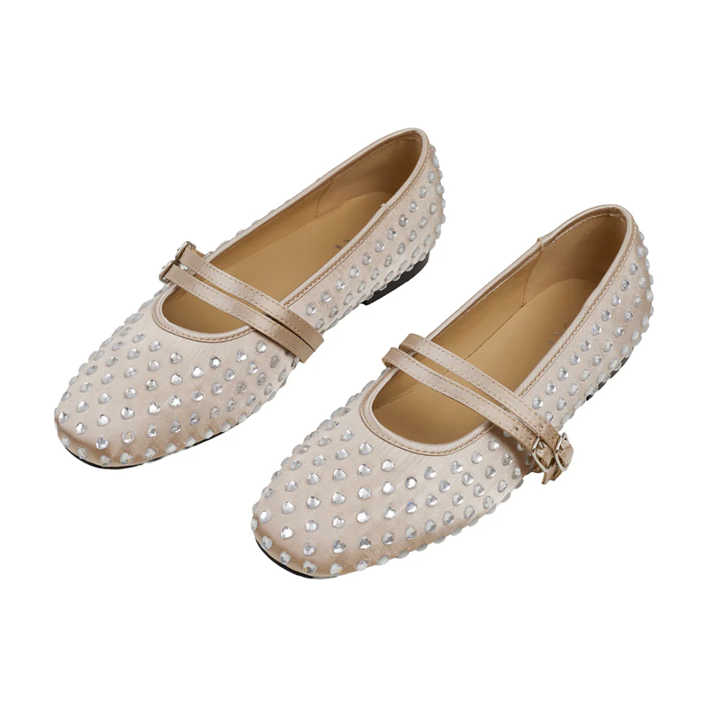 Rhinestones Double Strap Mary Jane Flats Shoes - Beige - Image 3