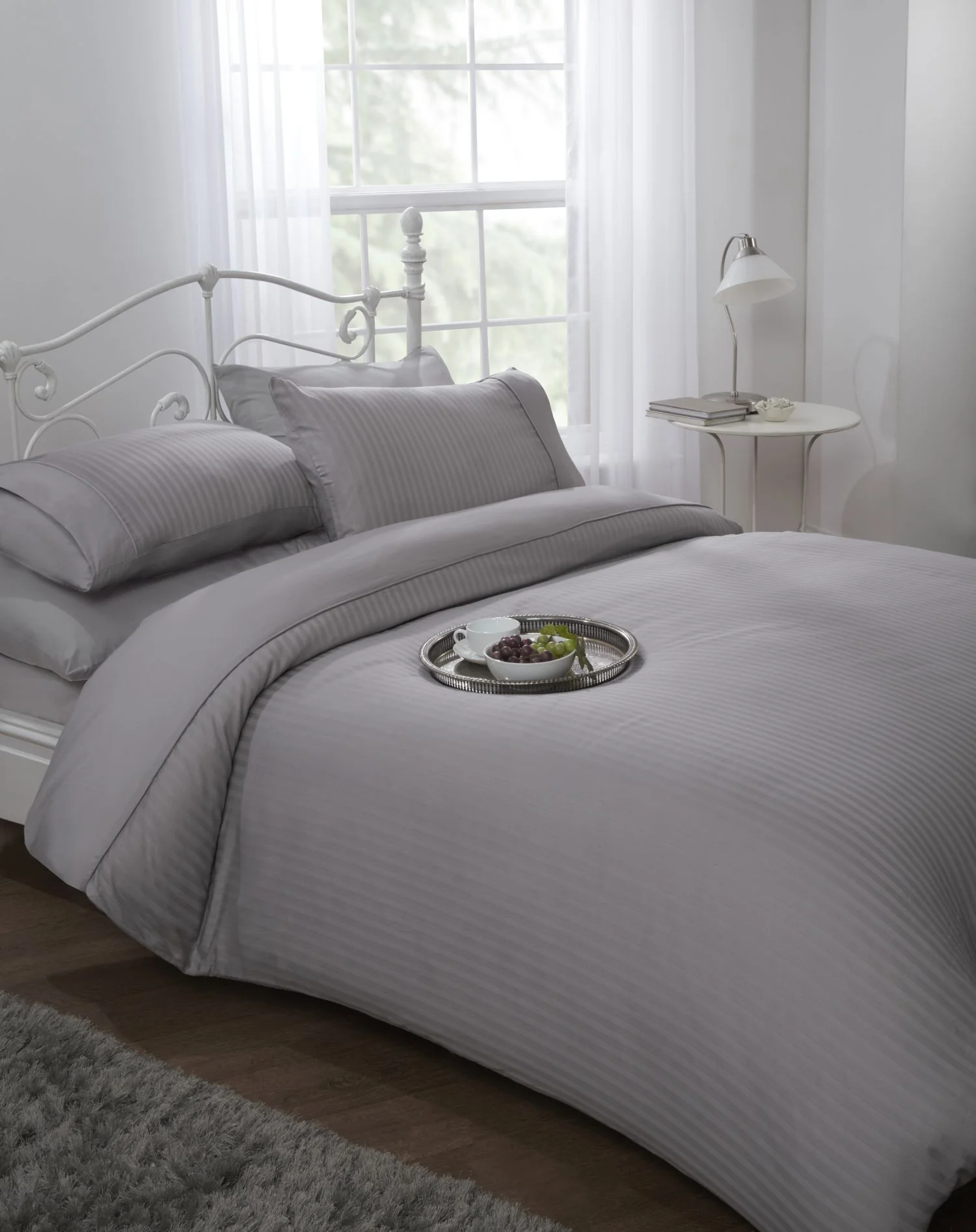 Ritz 300 Thread Count Satin Stripe Duvet Set In Silver