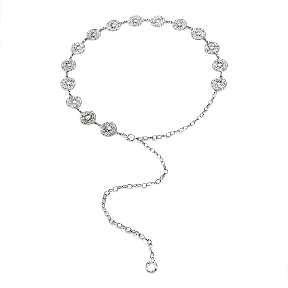 Round Coin-Shaped Charms Adjustable Metal Waist Chain Accessory - Silver