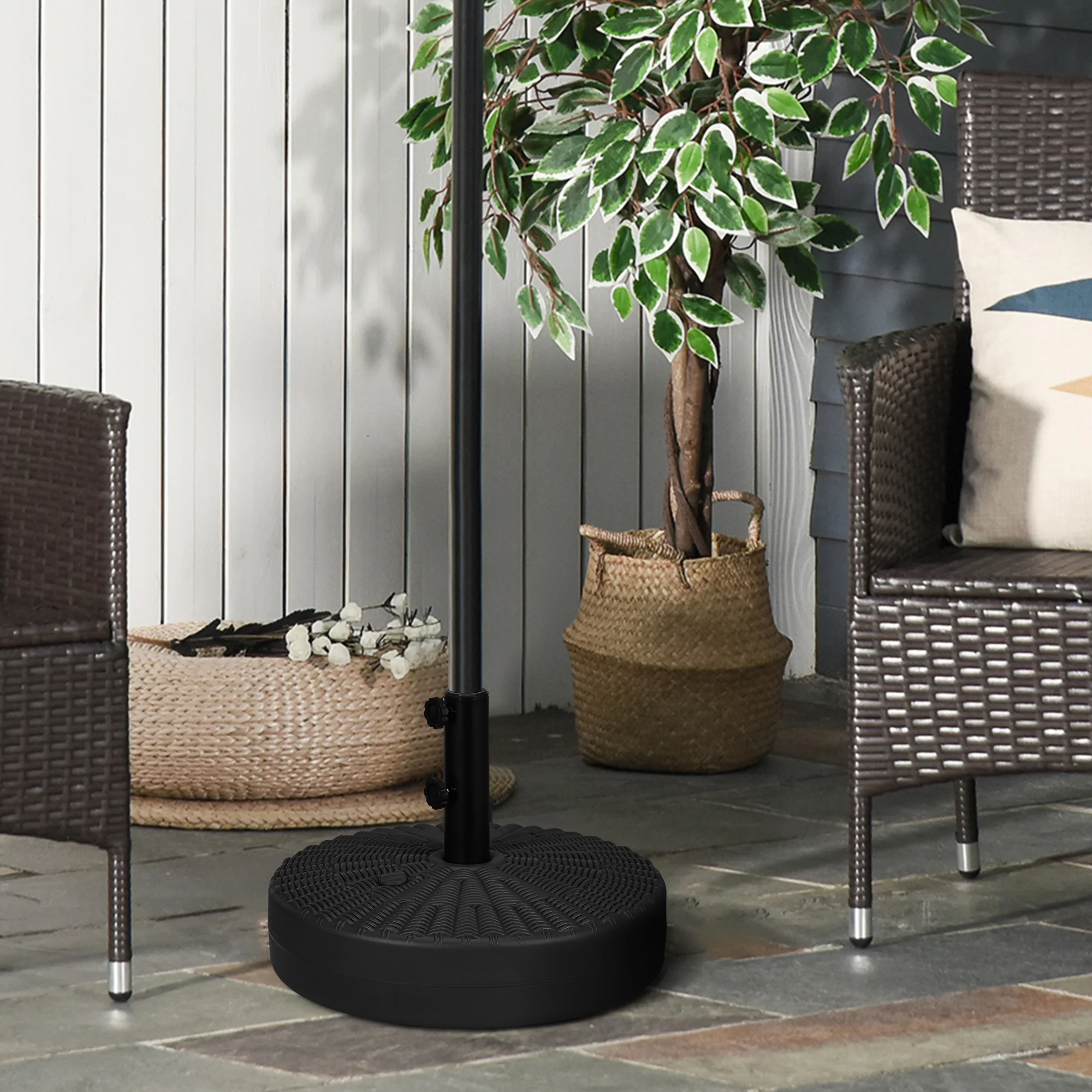 Round Umbrella Parasol Base With Rattan Effect, Plastic Parasol Stand, Black - Image 2
